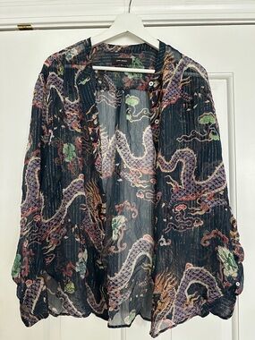 Isabel Marant Daws Dragon Print Silk Blend Shirt Sheer Metallic Stripe Blouse